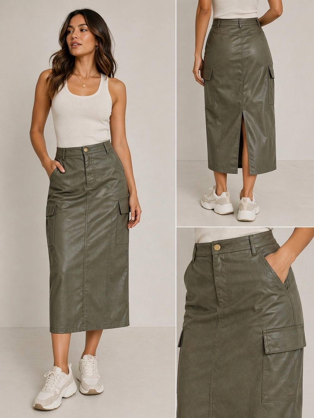 ZARA Olive Green Cargo Midi Skirt Faux Leather High Waist Women